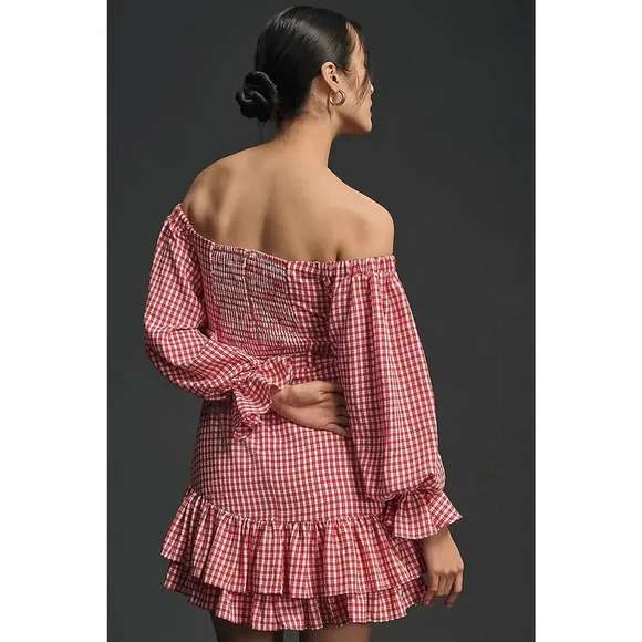 NWT Maeve Anthropologie Off Shoulder Ruffle Plaid Mini Dress Sz 12 red #9M408 - Picture 4 of 13